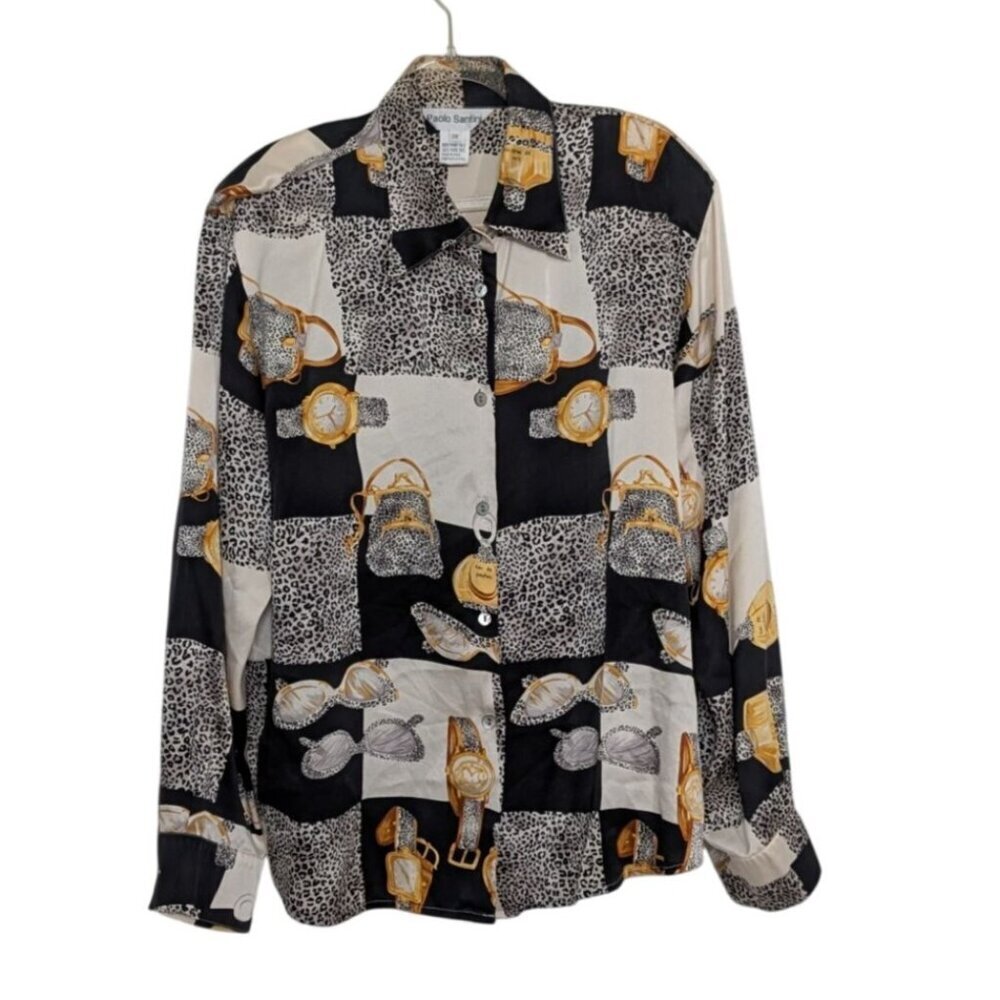 Paolo Santini Silk Animal Print Shirt Womens Size 18 Black Watch Sunglasses Bags